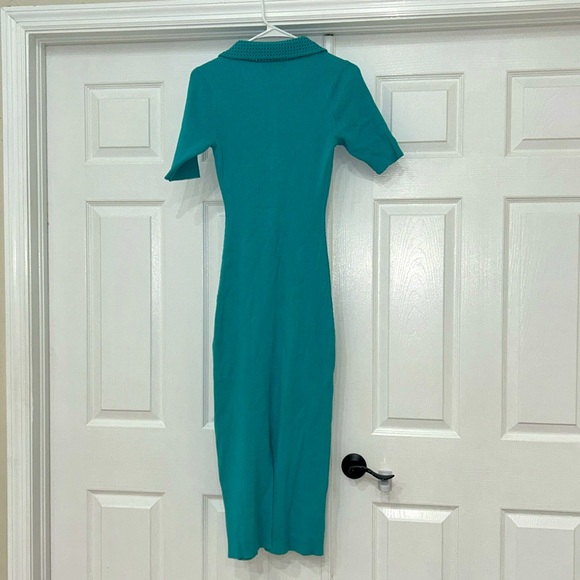 Caroline Constas Knit Dress Turquoise Ribbed Crochet Collar Bodycon Midi Medium - Picture 5 of 5